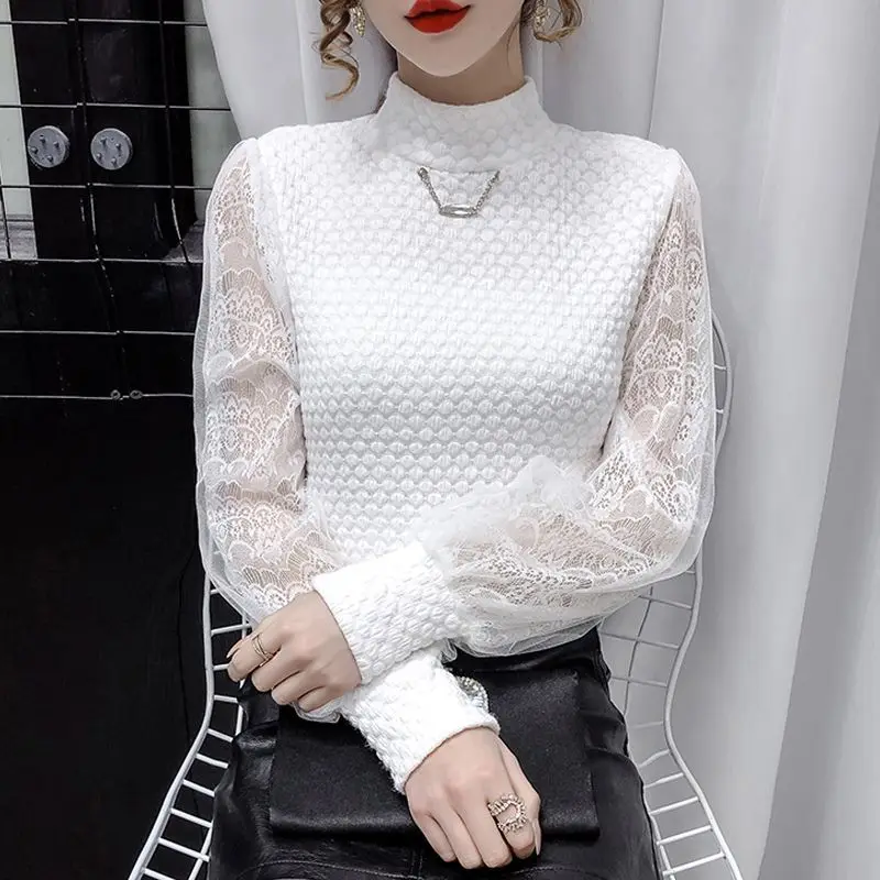 

Casual Solid Long-sleeved Bottoming Shirt Women's Spring Autumn New Fashion Gauze Spliced Stitching Slim T-shirt Top T357