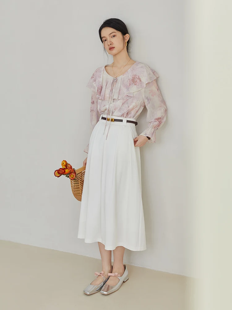 ZIQIAO Office Lady White Twill Long A-LINE Skirts Belt Design Women Commuter Pleated Mid-Calf Skirt High Waist Umbrella Skirt