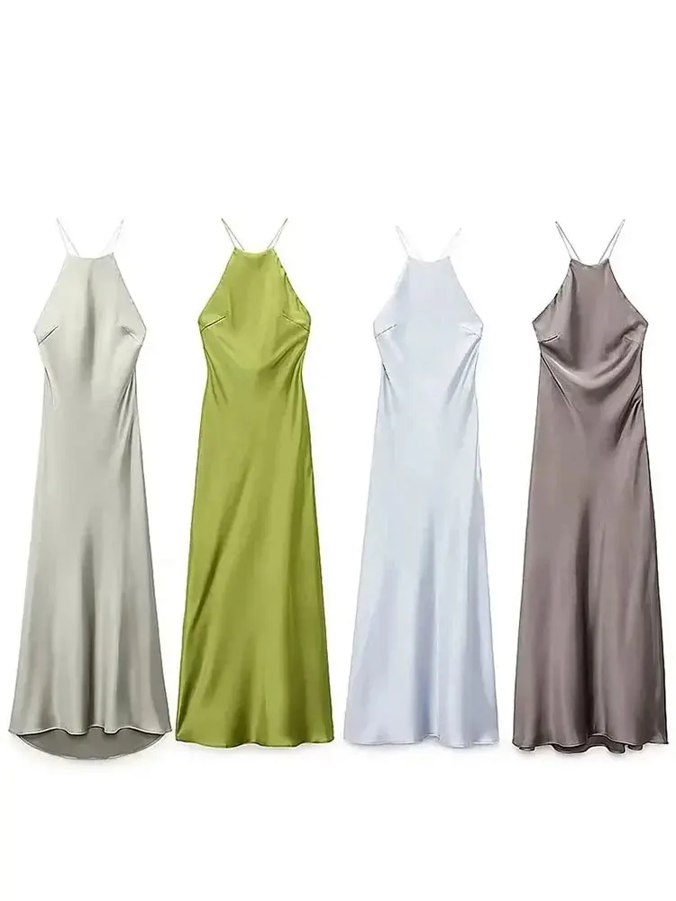 2025年新作 レディース サマードレス 無地 サテン ホルターネック バックレス ロングドレス シック セクシー エレガント ヴィンテージ 女性用イブニングドレス