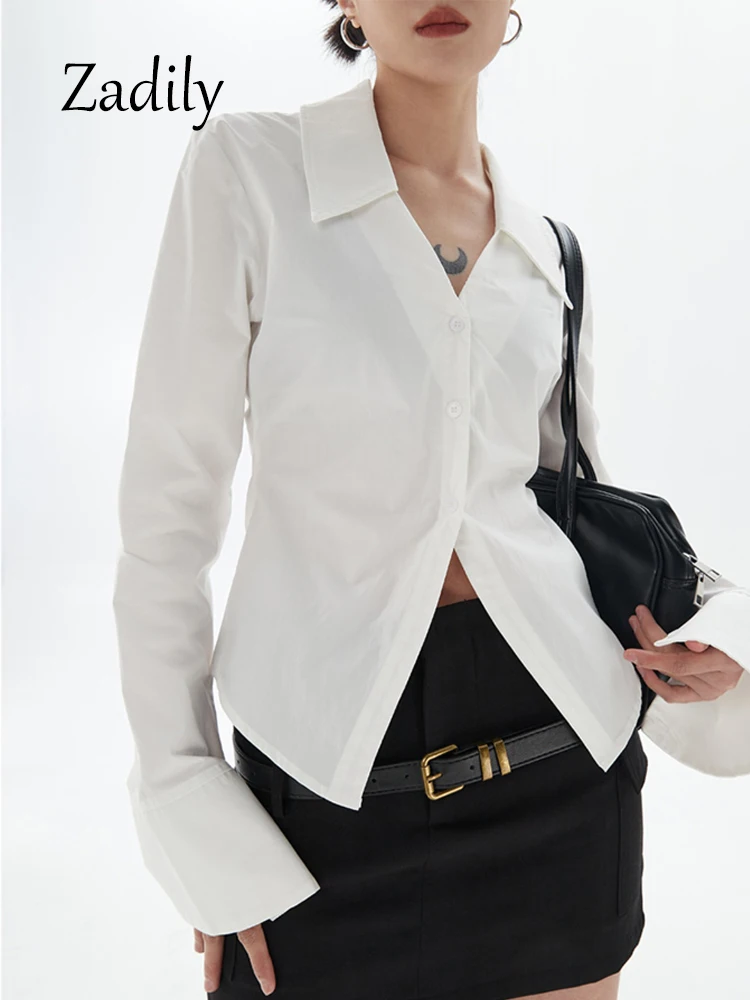 Women\'s Long Flare Sleeve White Shirt  Office Lady Slim Button Up Ladies Blouse Crop Tops Korea Style Spring 2024