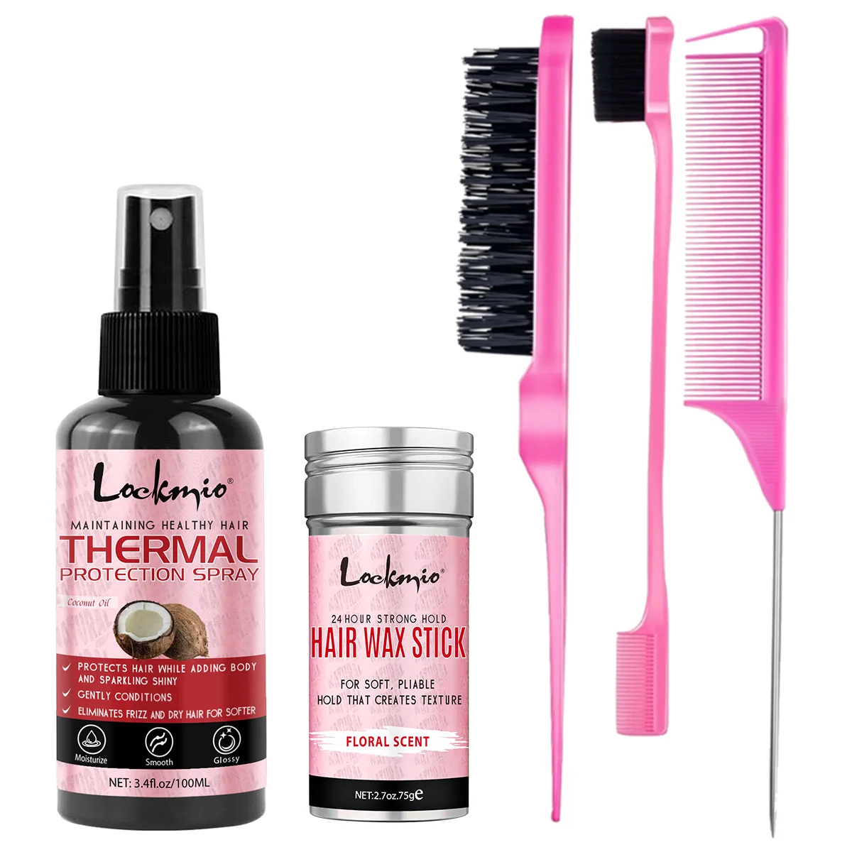 Set de Cuidado y Peinado del Cabello, Spray Protector de Calor con Aceite de Coco, Acondicionador Hidratante, Cera para el Cabello, Barras de Cera Sólida Anti-Frizz