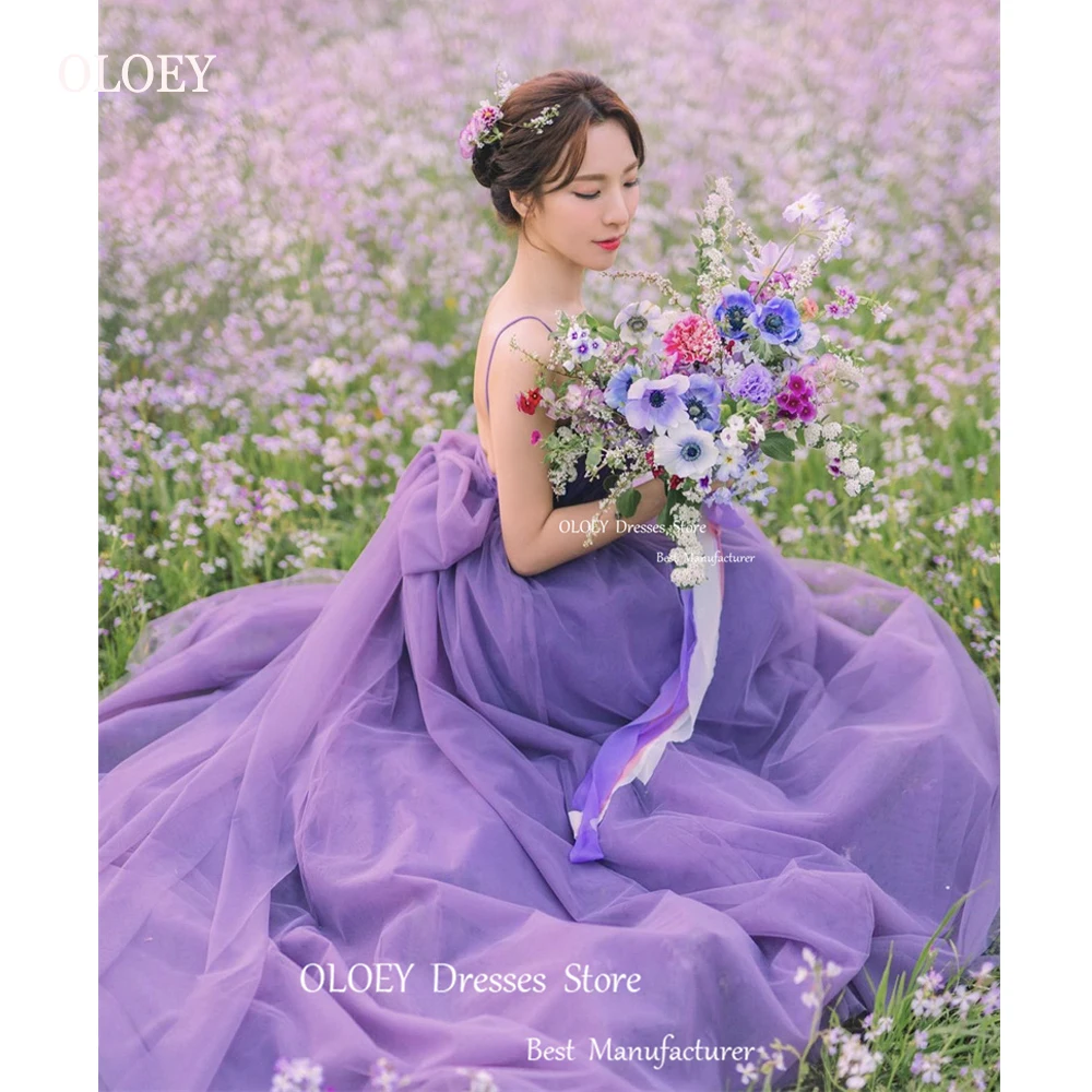 Oloey elegante Lavendel Tüll lange Ballkleider Korea Hochzeit Fotoshooting Spaghetti träger verträumten Garten rücken frei Bogen Abendkleid