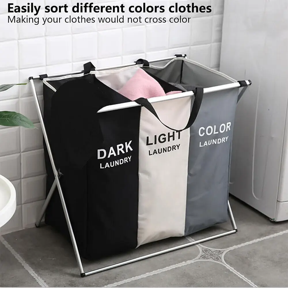 Large Basket Hamper Clothes Bin Organiser Folding Light Dark Colour 3 Section~