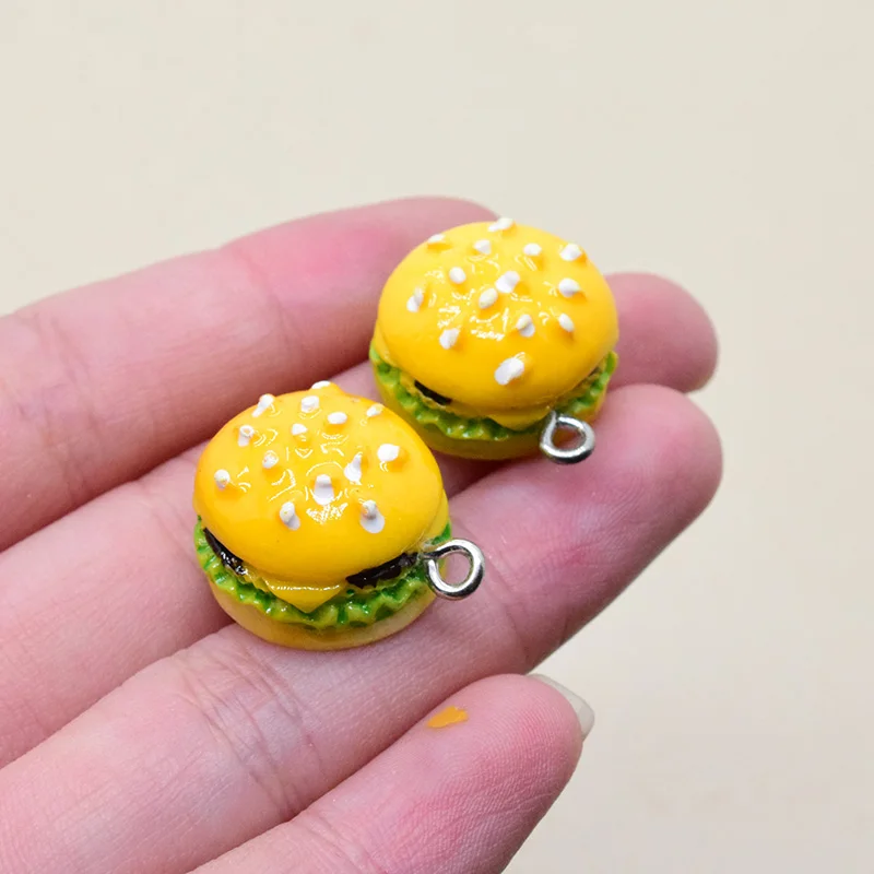 10pcs Mini Yellow Delicious Hamburger Resin Charms Cute Fast Food Pendant For Earring Keychain Diy Jewelry Making F424