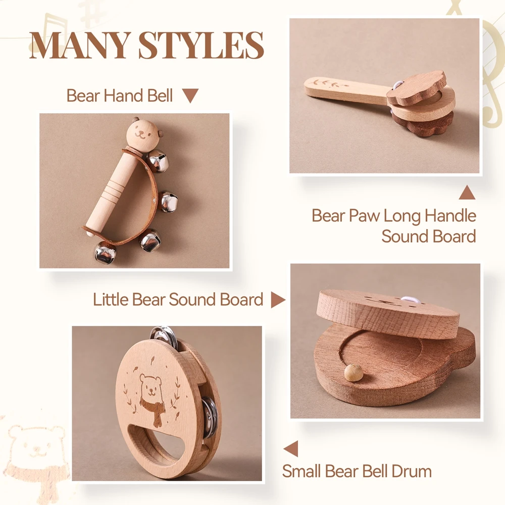 Sonajero de madera para bebé, campana musical de mano, instrumentos de madera, juguetes para bebé de 0 a 3 años, juguetes con sonido, sonajero musical de oso, juguetes para niños, 1 ud.