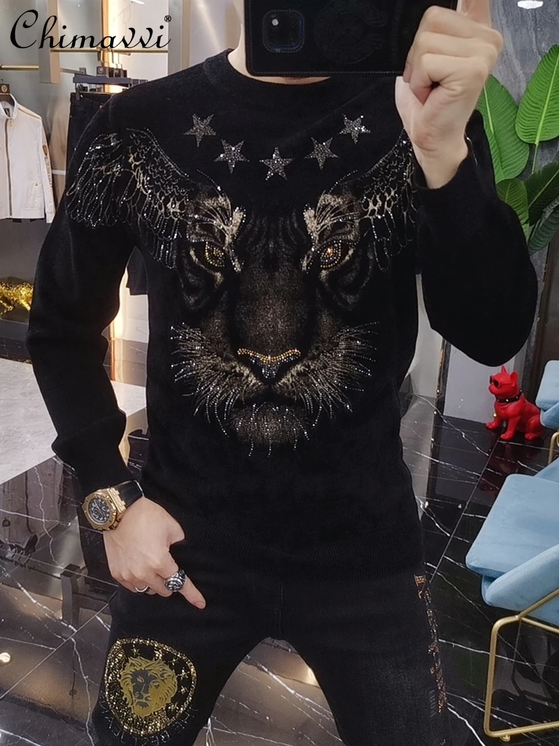 Autumn Winter European Tiger Rhinestone Sweater Men's Fashion Round Neck Slim Pullover Luxury Velvet Knitted Top Mens Clothes