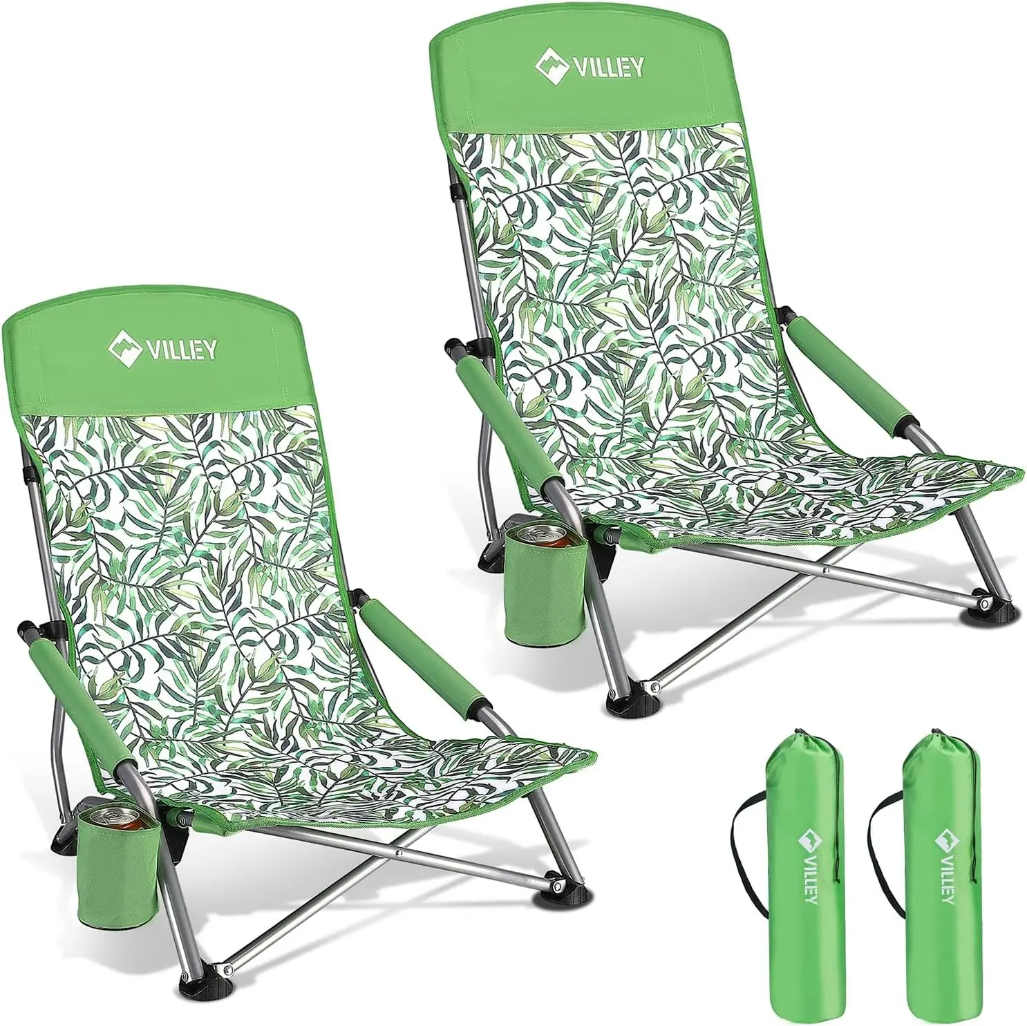 

Low Beach Chairs for Adults 2 Pack, High Back Folding Chairs, Lightweight Portable with Cup Holder and Carry Bag - Green