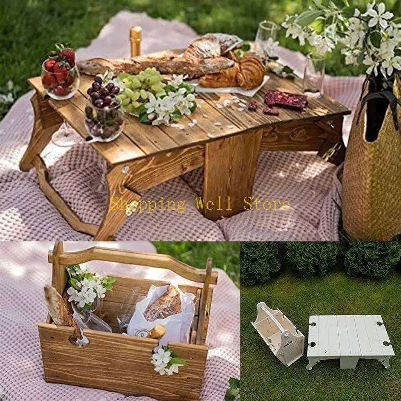 KX4B Utility Outdoor Portable 2-in-1 Table Convertible Storage Wooden Basket Durable Large Capacity Basket Table