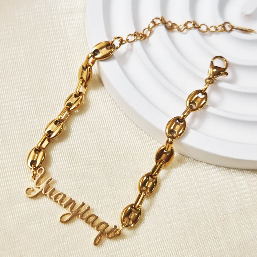 

Customized Name: Coffee Bean Pig Nose Bracelet, Ladies' and Girls' Jewelry, Stainless Steel Personalized Nameplate Bracelet