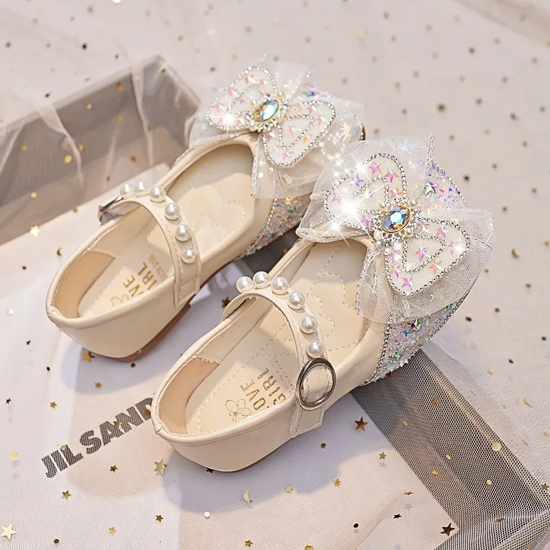 Princess Sequin Shoes for Girls Spring and Autumn Summer New Middle and Big Children's Single Shoes for Girls Bow Princess Shoes