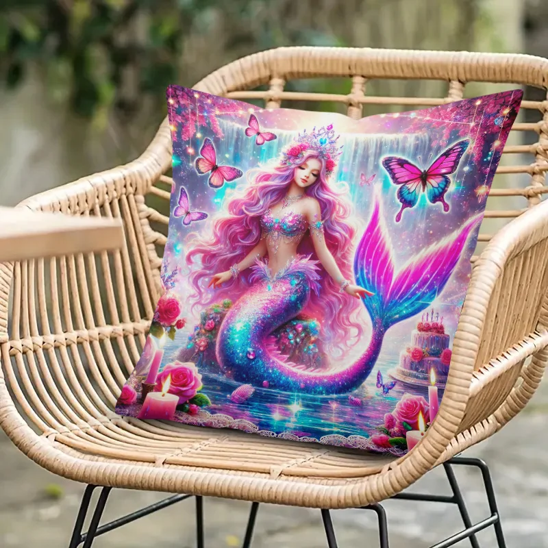 1pcs 2D Flat Mermaid Birthday Cake Glitter Pillowcase Fantasy Ocean Princess Art Kids Room Decor Soft Plush Cushion Cover Double view 5