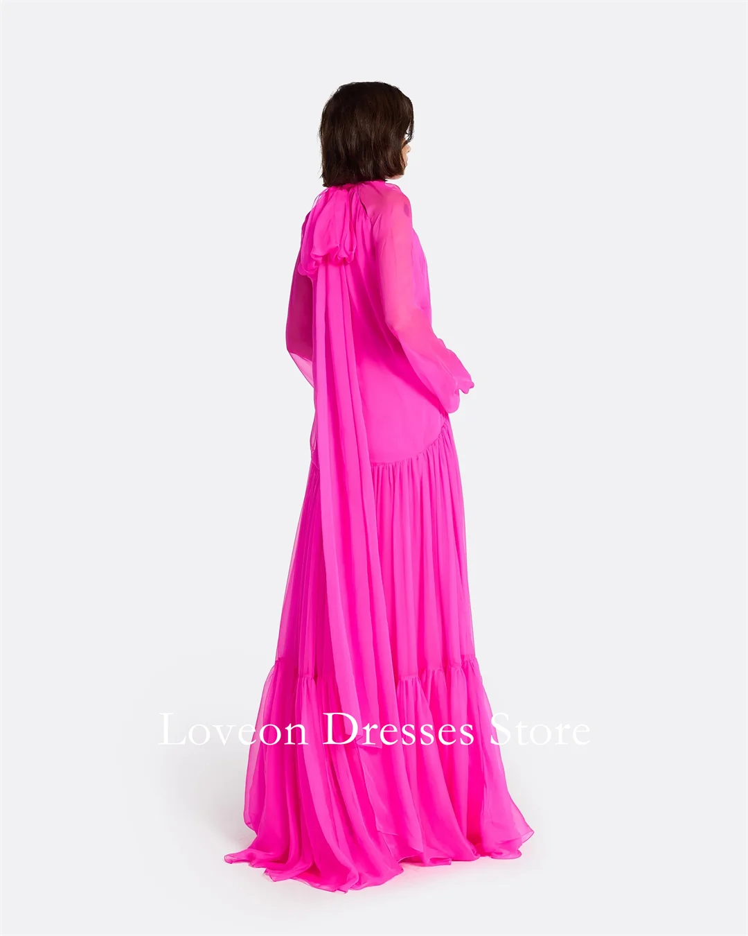 Col haut Rose rouge manches bouffantes robe en mousseline de soie robes de soirée formelles Style arabe personnalisé élégant bal growns fête femmes