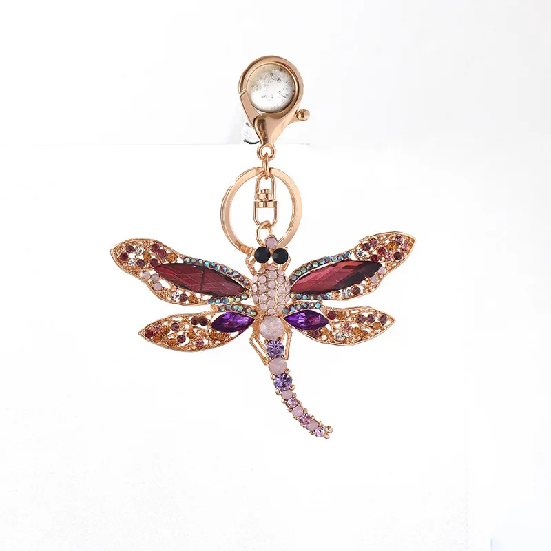 European and American Fashion Keychain Pendant Color Inlaid Crystal Hollow Dragonfly Alloy Keychain Creative Exquisite Gift