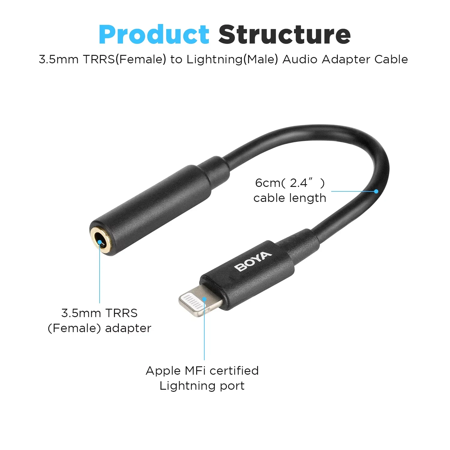 BOYA BY-K3 Audio Adapter Cable 3.5mm TRRS Female to Apple MFi Certified Lightning for iPhone iPad iPod touch iOS Devices  6cm