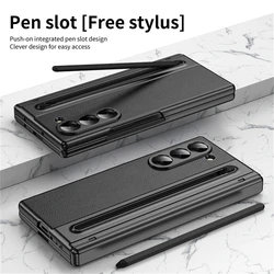 For Samsung Galaxy Z Fold 7 6 5 4 3 Leather Hinge Phone Case Outer Screen Glass S Pen Slot Protective Cover for Galaxy Z Fold 7