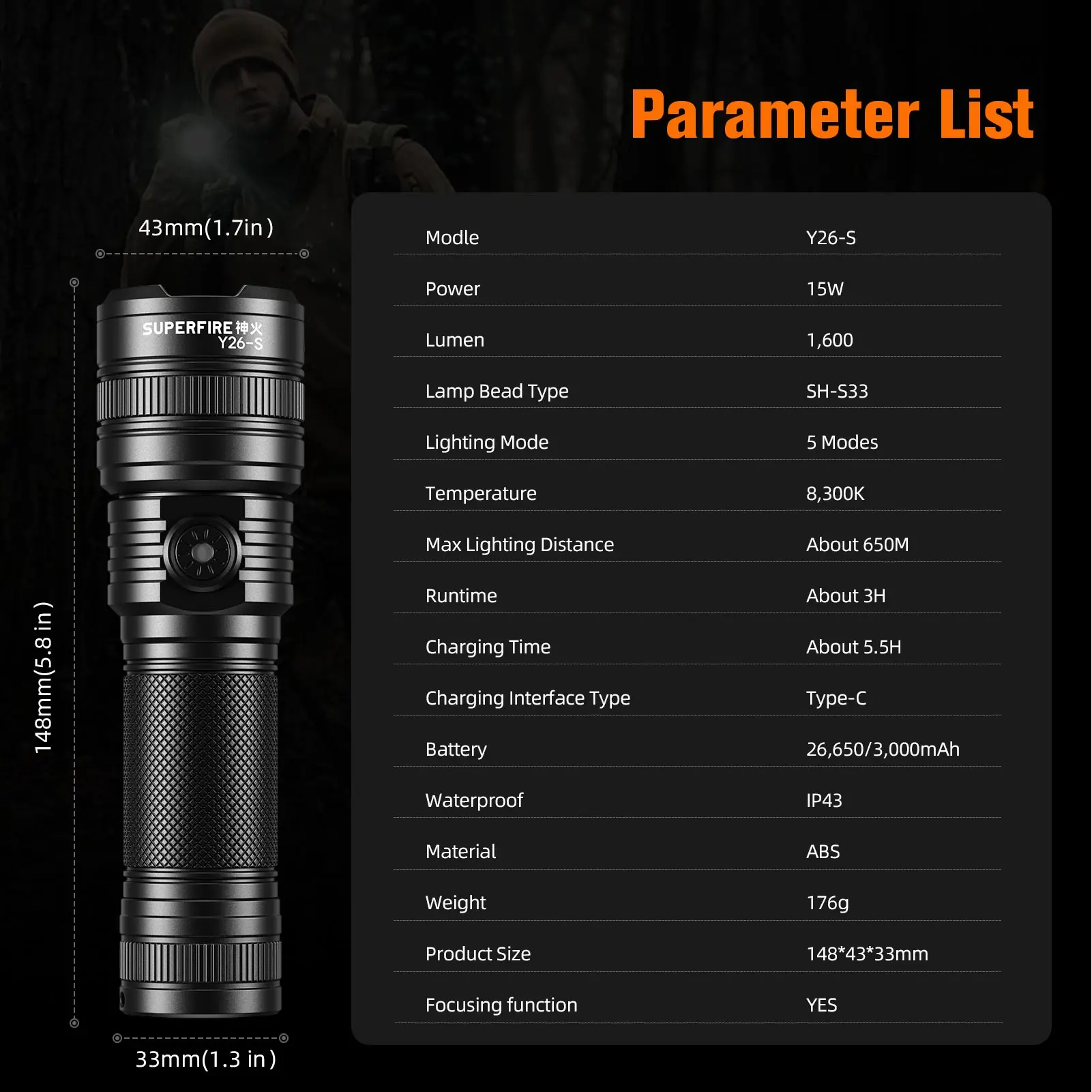 SUPERFIRE Y26/Y26-S 15W Flashlight Powerful Yellow/White Light Zoomable EDC Torch 600M Long Range TYPE C Rechargeable Lantern