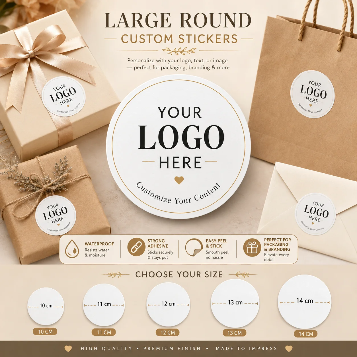 Customized Round Trademark Stickers 10– 14cm Personalized Waterproof Adhesive Stickers Suitable for Packaging, Gifts, Business Brand Promotion, and Events