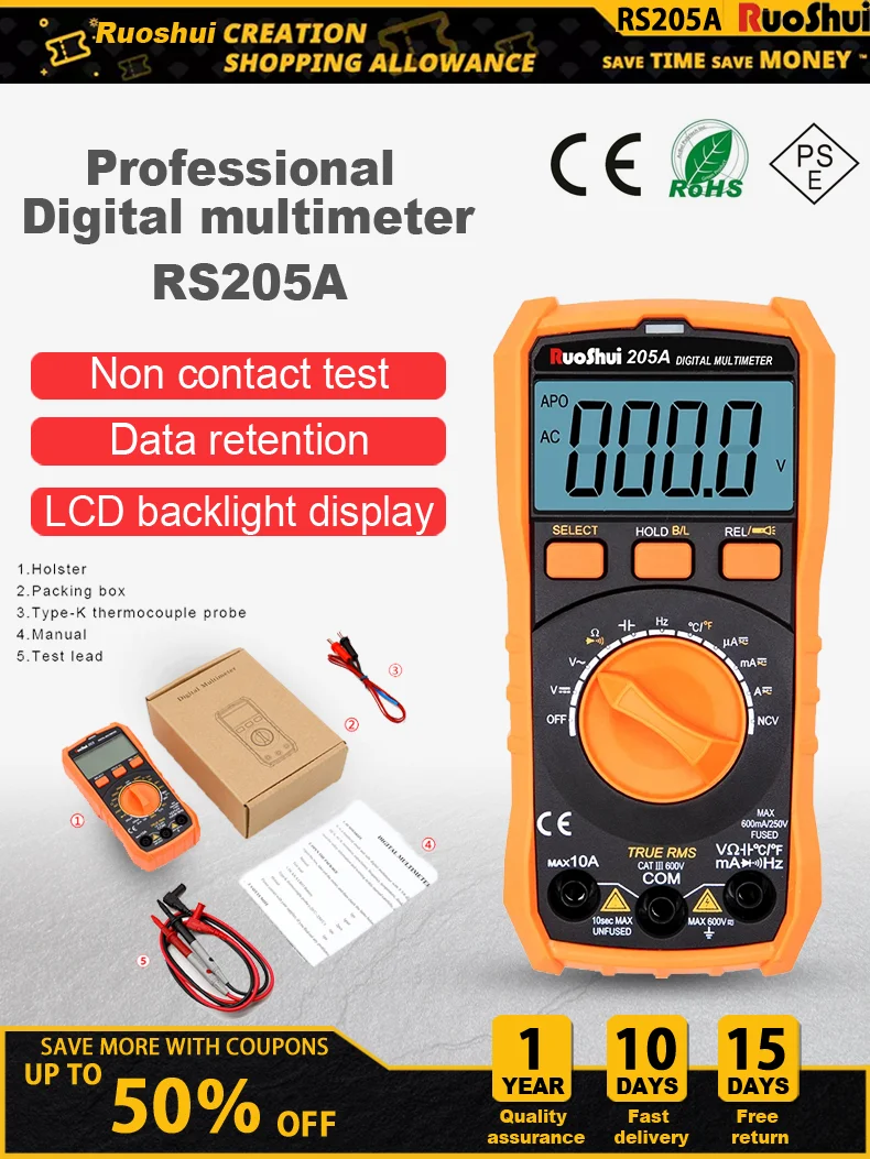 

Цифровой мультиметр Ruoshui, AC/DC NCV, 6000 отсчетов, True RMS ℃/F, Автоматический диапазон, измеритель напряжения, флэш-подсветильник ка, большой ЖК-экран