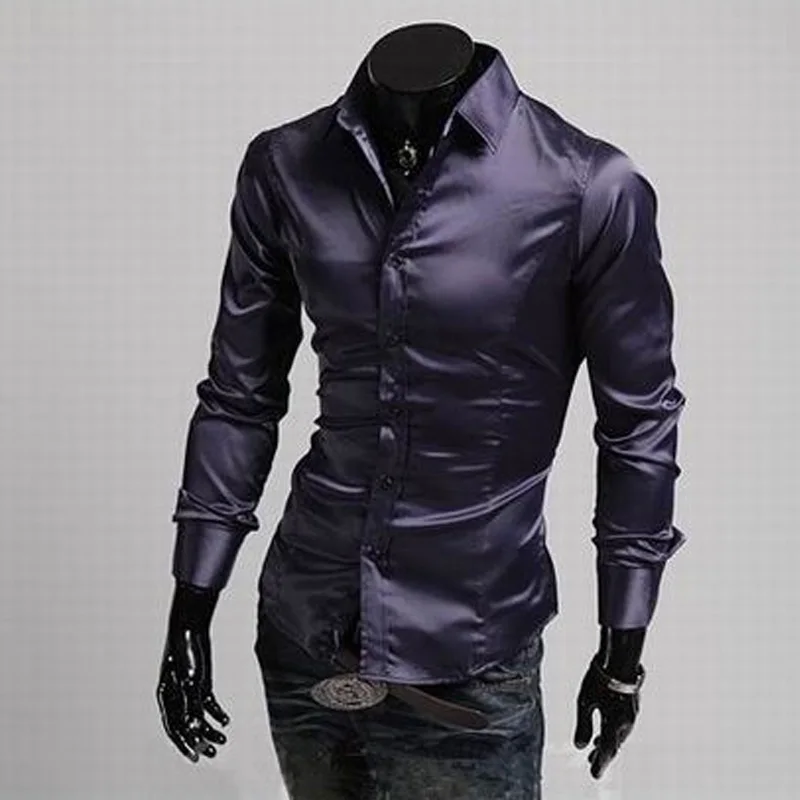 Hot 2022 Spring Autumn Emulation Silk Shiny Leisure Men's Long-sleeve Dress Shirts Mens Silky Wine Red/purple/black Tuxedo Shirt