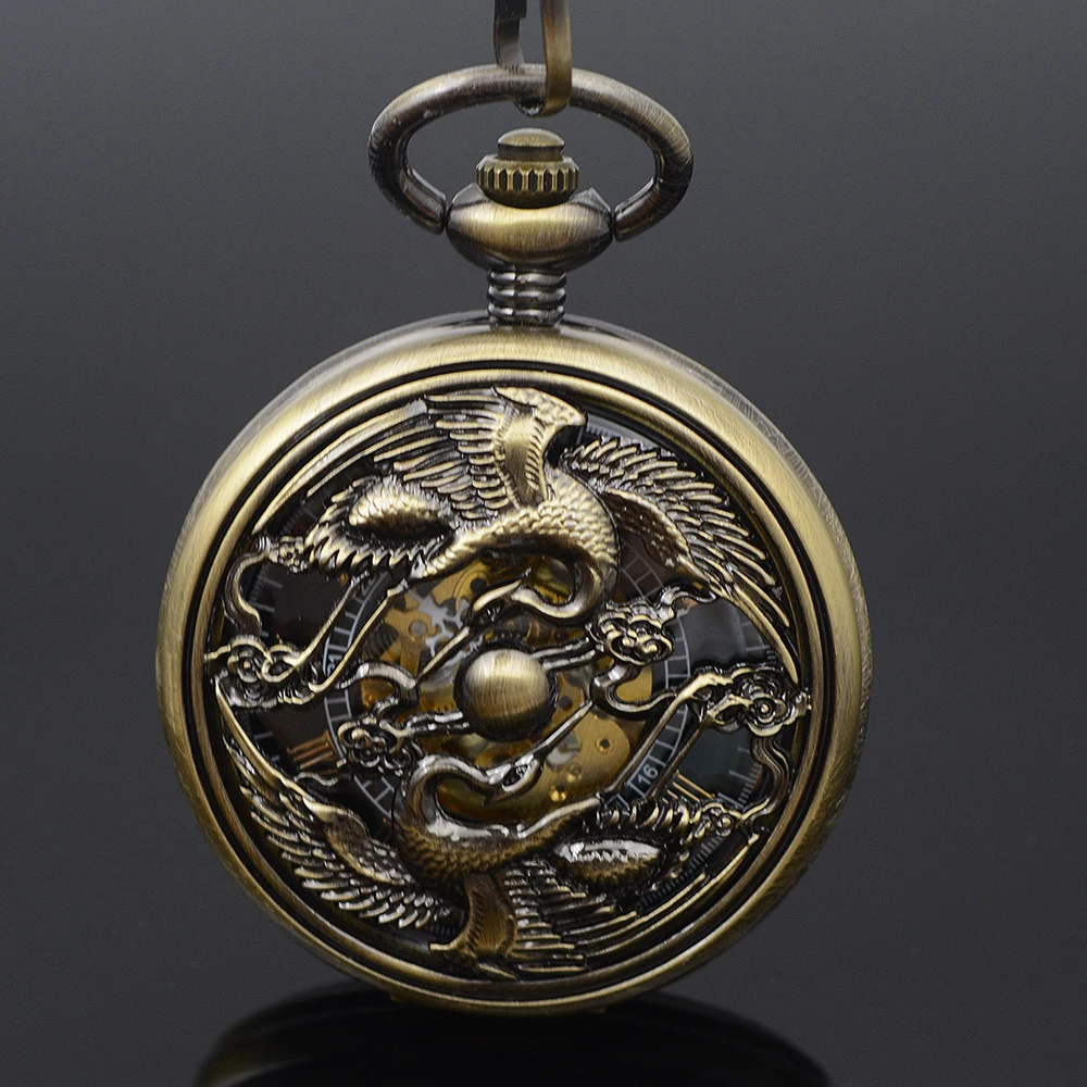 

Antique Style Steampunk Bronze Tone Case Automatic Self Wind Mechanical Pocket Watch W/Chain Black Roman Number Dial Nice Gift