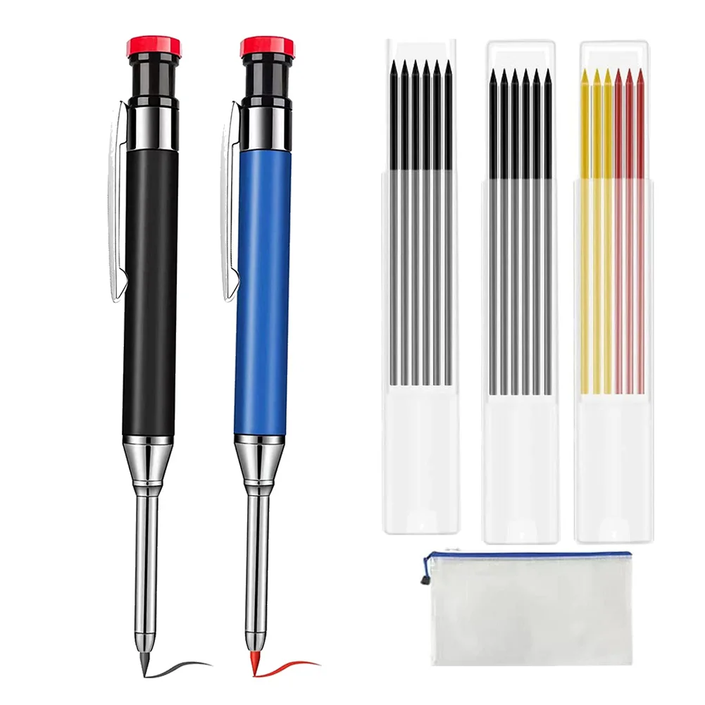 

2 Pcs Solid Carpenter Pencil with 18 Refill Red Yellow Black Carpenter Mechanical Automatic Pencils Set