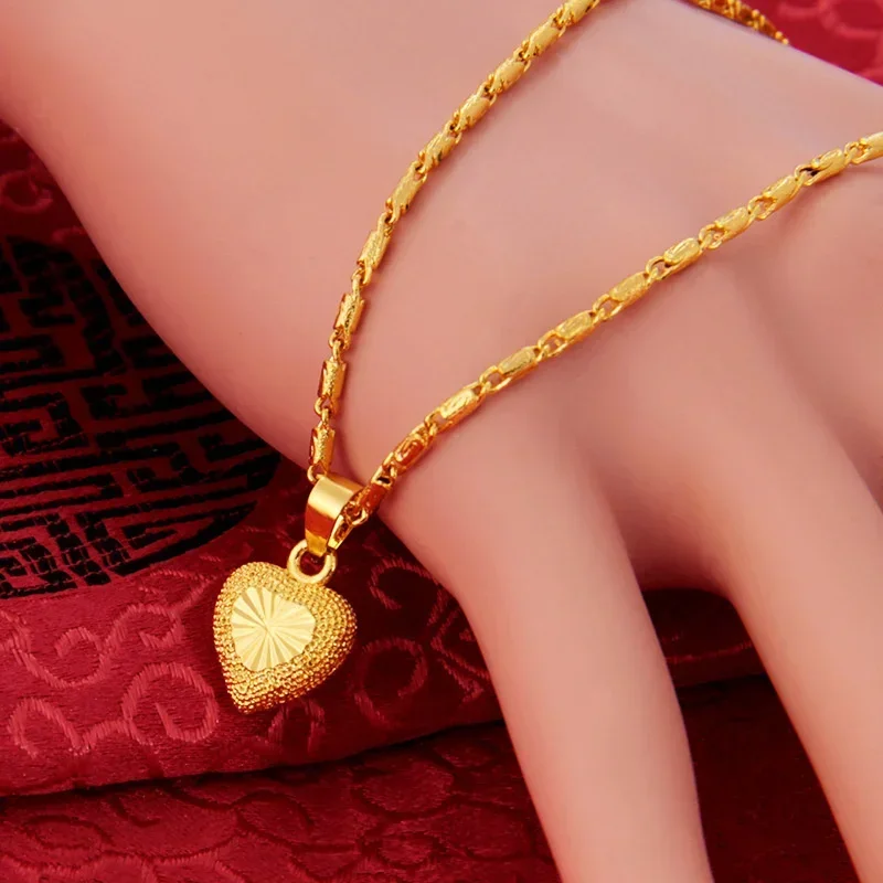 Kalung warna emas 24k rantai klavikula untuk wanita, Kalung Cinta liontin hati emas kuning perhiasan bagus Hari Valentine