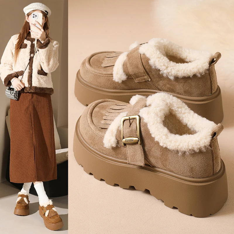 أحذية قطنية عصرية، أحذية بدون كعب دافئة، أحذية فراء قصيرة متعددة الاستخدامات بنعل سميك لزيادة الارتفاع 2652 #1