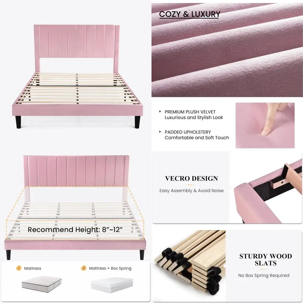 

Розовая бархатная кровать на платформе с поддержкой из массива дерева – пружинный блок не требуется