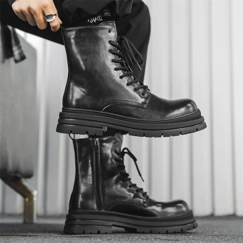 

England style men's casual party nightclub high motorcycle boots black original leather shoes cowboy platform boot long botas