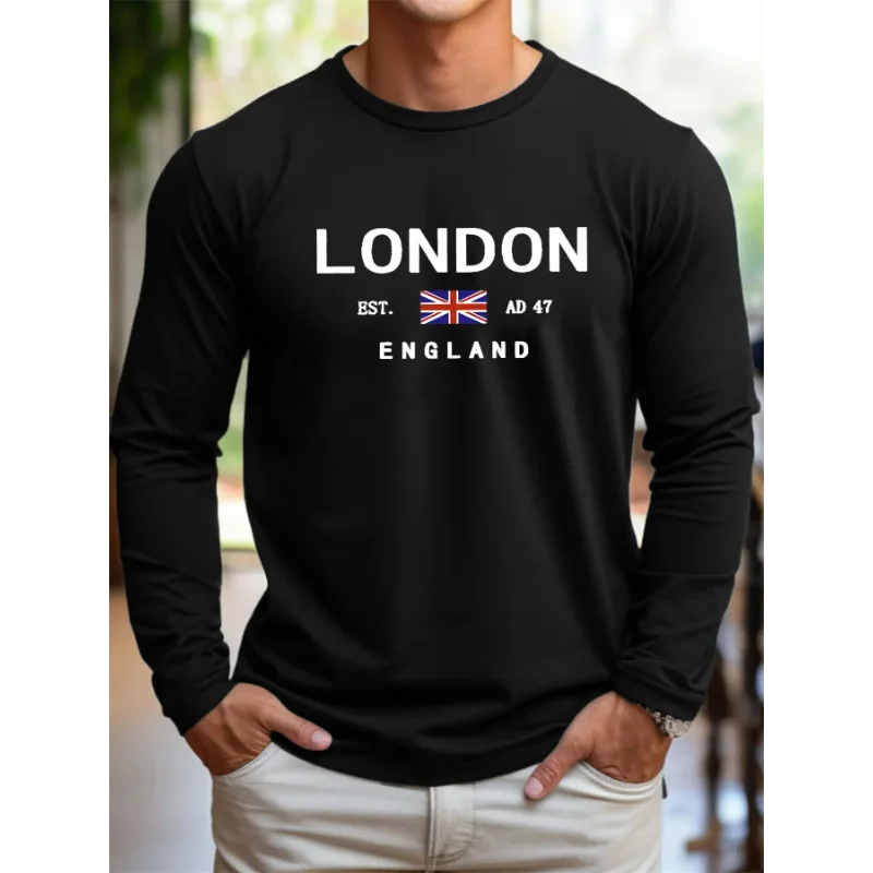 Men's Round Neck Long-Sleeved Cotton T-Shirt Autumn Winter Humanized Expulsion Algorithm Path London Comic Print Casual Top