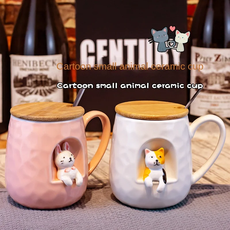 

430ml Creative Cartoon Cat 3D Relief Ceramic with Lid Spoon Ceramic Mug Male and Female Student Couple Home Coffee Milk Cup Gift