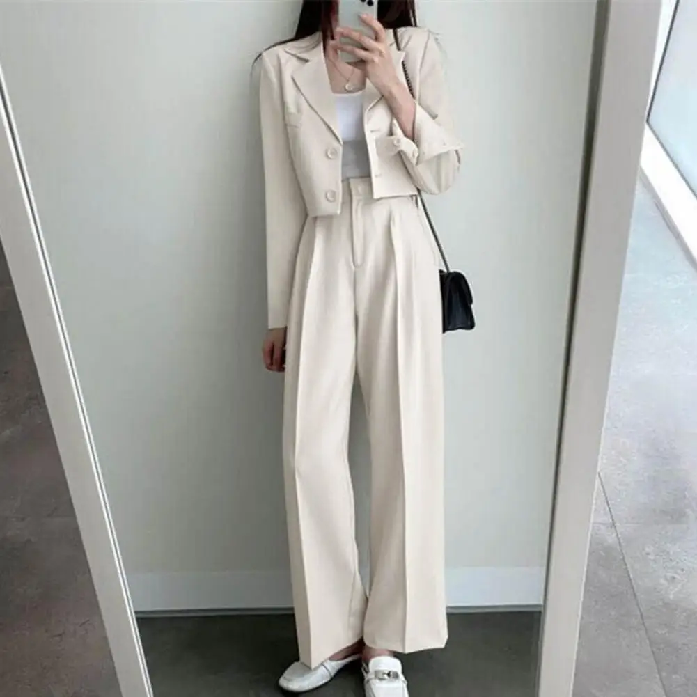 Women Coat Pants Set Elastic Waist Trousers Stylish Women\'s Formal Commute Outfit Lapel Single-breasted Coat Pants Set with Long