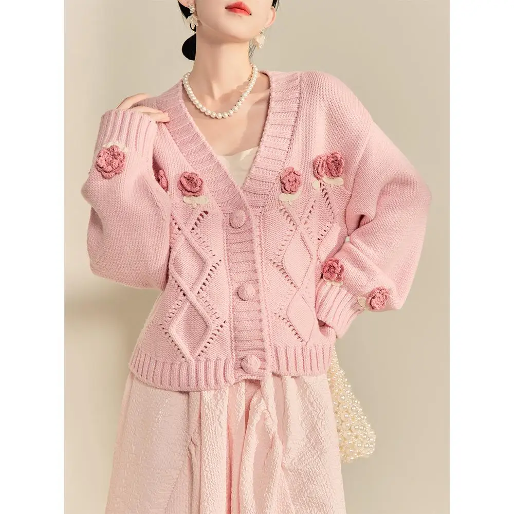 Pink Embroidered 3D Flower Design V-neck Knitting Cardigan Women's