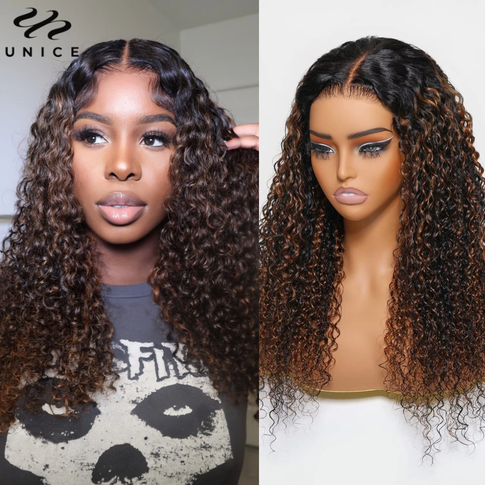 UNice Bye Bye Knots 7x5 Glueless Wig Human Hair Ready To Wear Brown Balayage Curly Wigs Pre Cut Pre Bleached Lace Front Wig