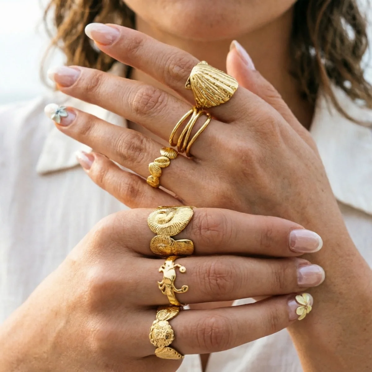 Edelstahlringe mit Muschel-, Krabben- und Blumenmotiven für Damen und Herren, Strand, Schmetterling, geometrischer Ring, Schmuck – Detail 7