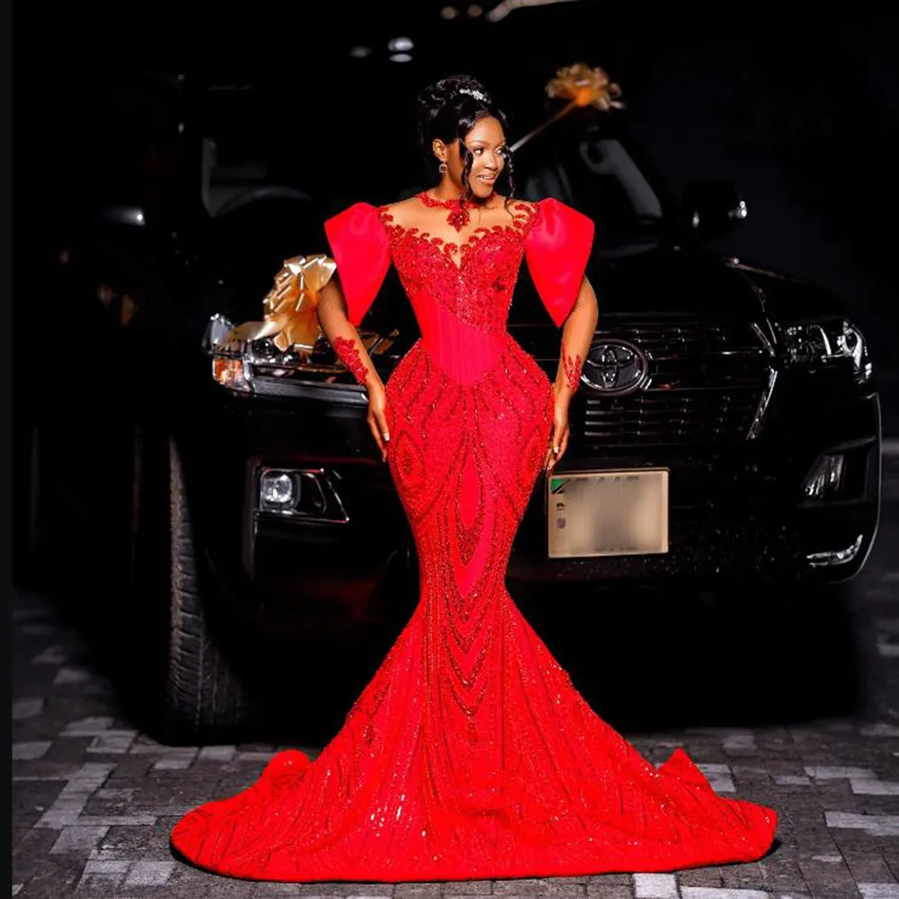 Sparkly Red Crystals Beaded Mermaid Prom Dress Customized O Neck Illusion Long Sleeves Evening Gowns Plus Size Female Clothing