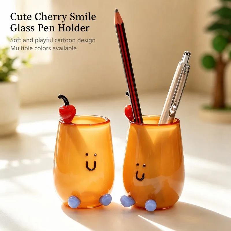 Creative Glass Pencil Holder Cute Cartoon Desk Organizer Vase Cup Storage Bottle for Office Home, Multi-purpose Glass Desktop