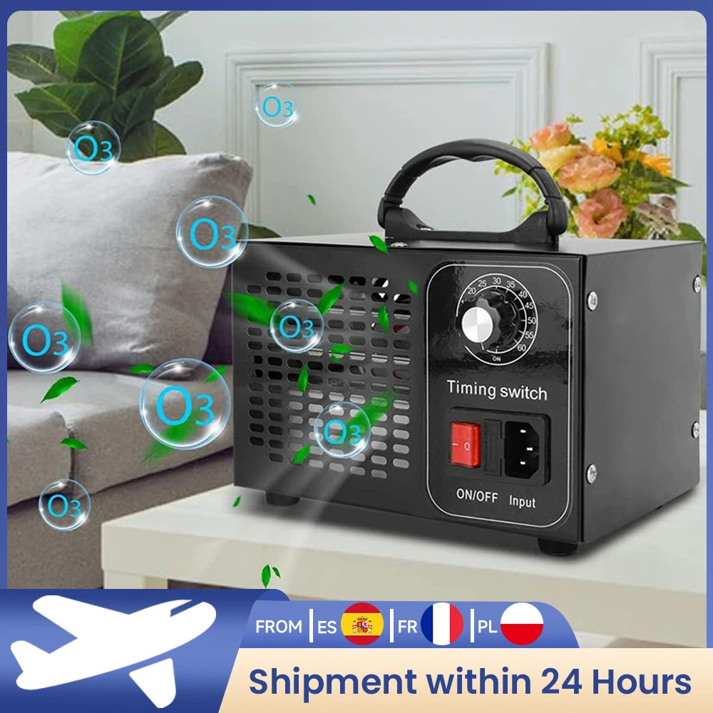 Generador de Ozono de 60000 mg/hora con Temporizador de 60 Minutos, Máquinas de Ozono para Autos, Garajes, Hogar, Cocina, Olores, Habitaciones de Mascotas, Sótanos, Oficinas, Enchufe Europeo