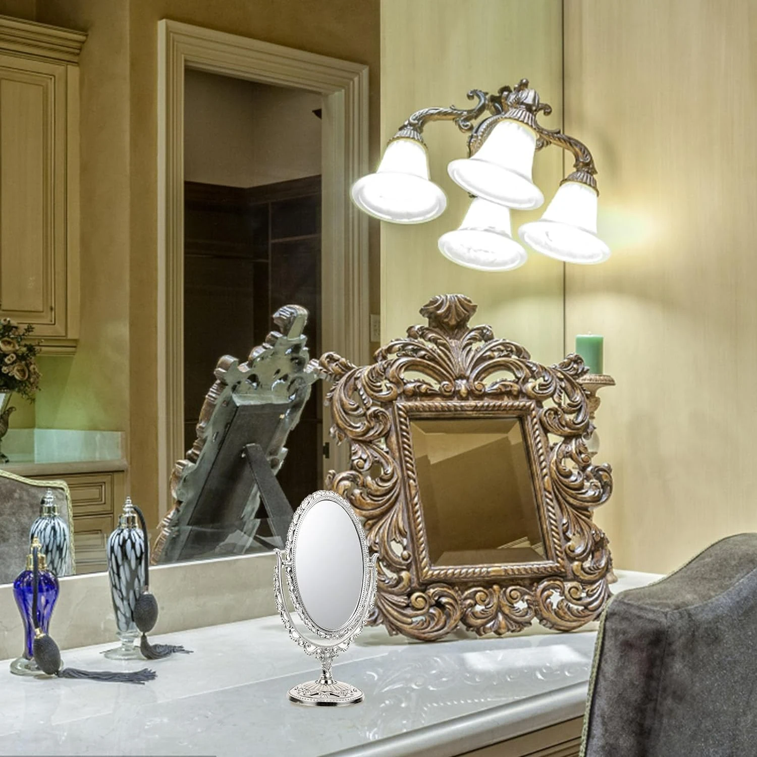 Vintage Silver Tabletop Makeup Mirror - Swivel Stand, Stylish Double Sided Oval Frame Cosmetic Mirror - Elegant Dressing Mirror