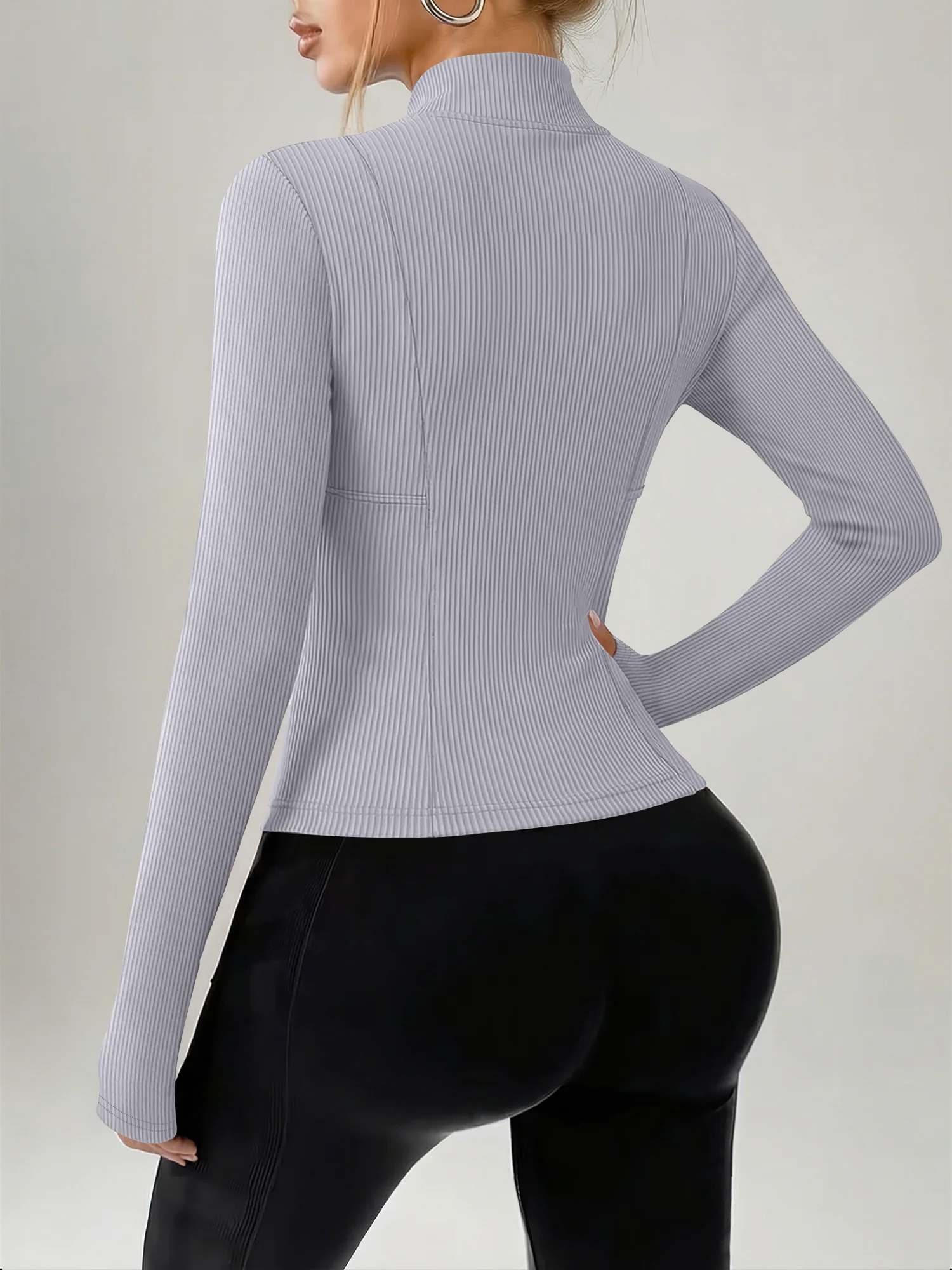 Women Streetwear Stand Collar Jacket Long Sleeve Ribbed Knit Zip Up Slim Cropped Outerwear