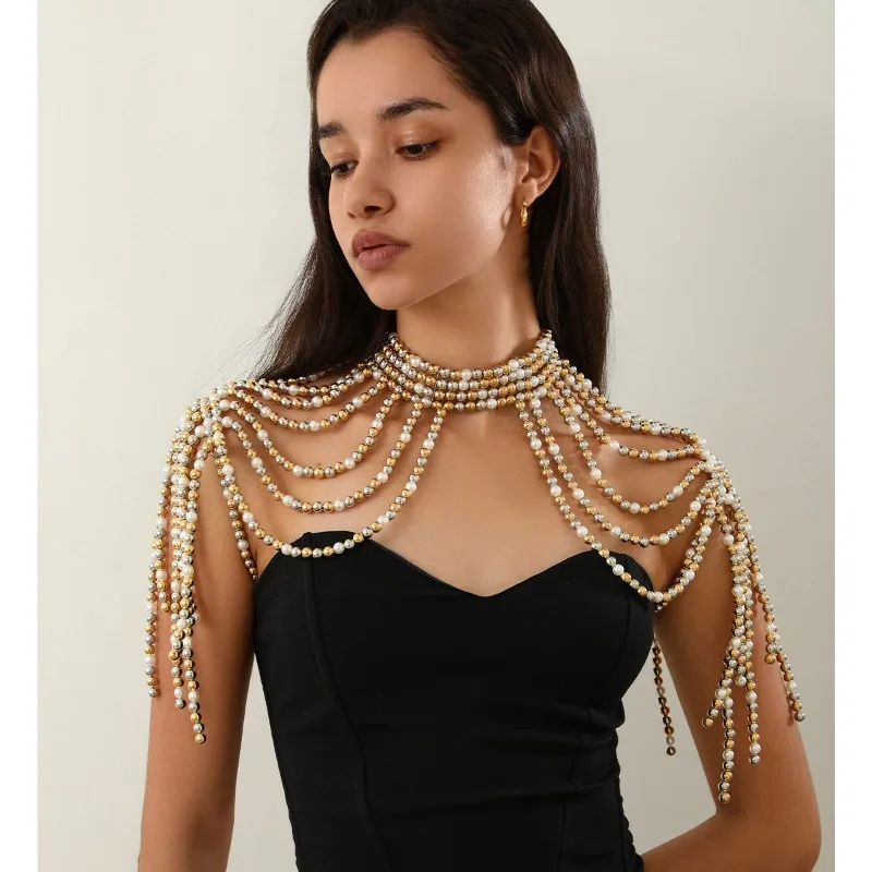 2024 Fashion Creative Imitation Pearl Tassel Shoulder Chain Body Chain for Women Girls Personality Metal Geometric Body Jewelry