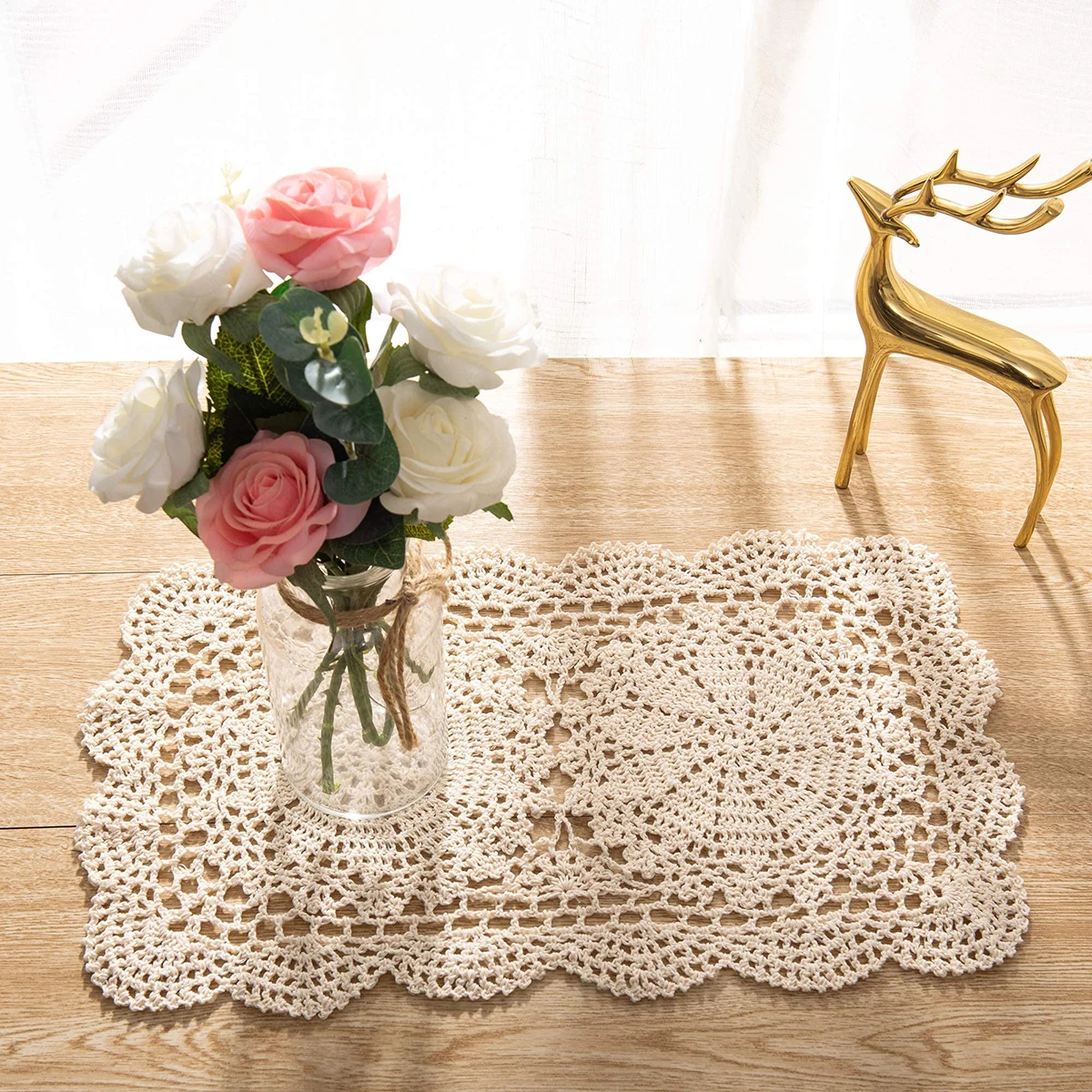 27*43cm Handmade Crochet Rectangle Cotton Nordic American Placemats Wabi-sabi Style Diy Hollow Lace Table Runner Coasters