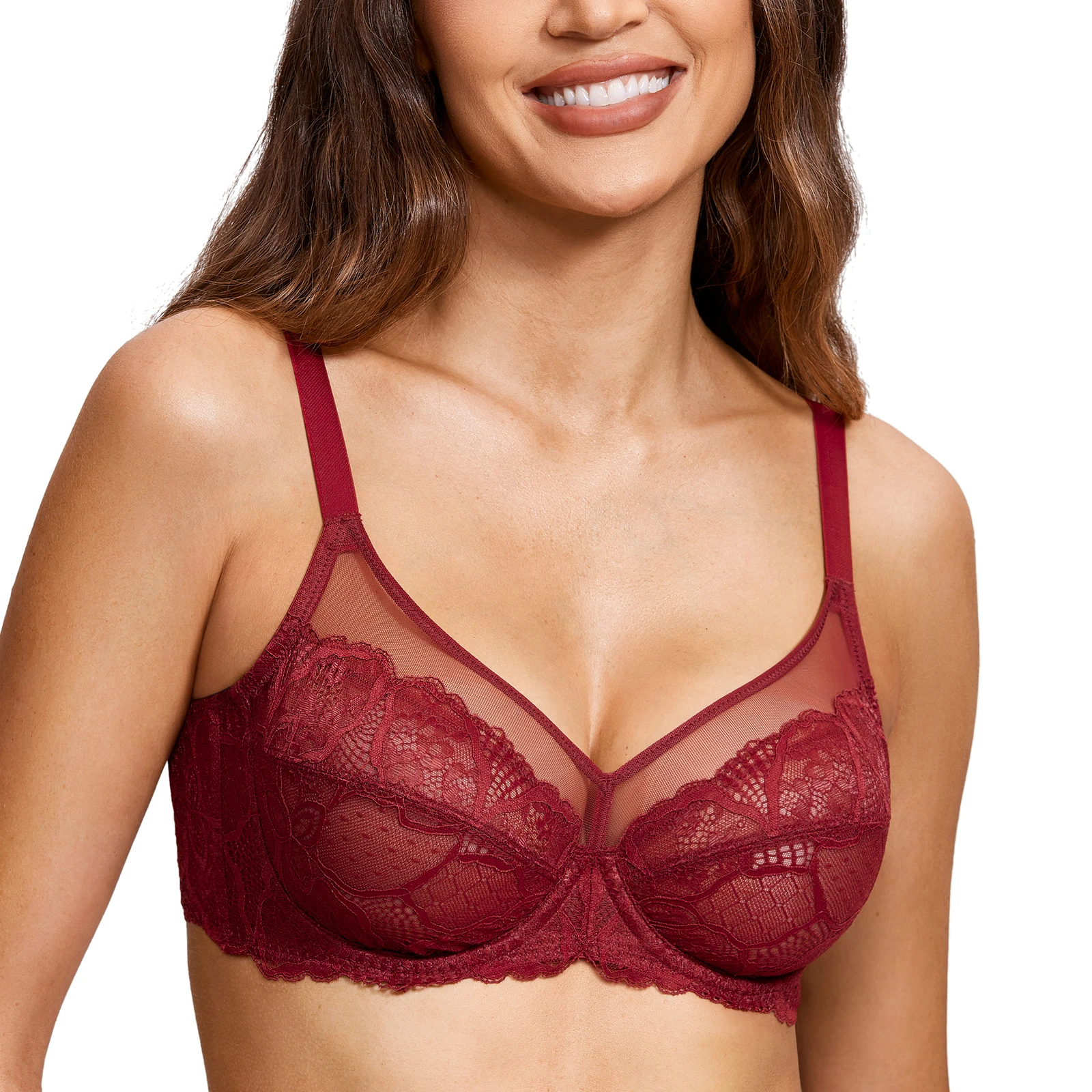 DOBREVA Full Coverage Plus Size See Through Bralette For Women Unlined Minimizer Lace Bra With Underwire A-F Cup