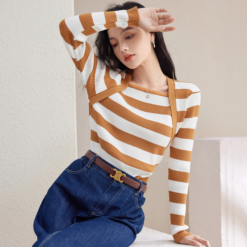 

Knitted Striped Bottoming Sweater Women Pullovers Tops Autumn Winter Elegant Chic Slim Casual Long Sleeve Knitwear Female D3000