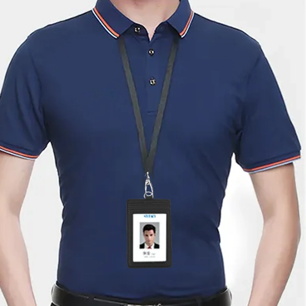 Офисный идентификатор, 2 слота для карт с прозрачным окошком, держатель для значков, черный, для учеников, легкий, из искусственной кожи, многофункциональный ремешок на шею