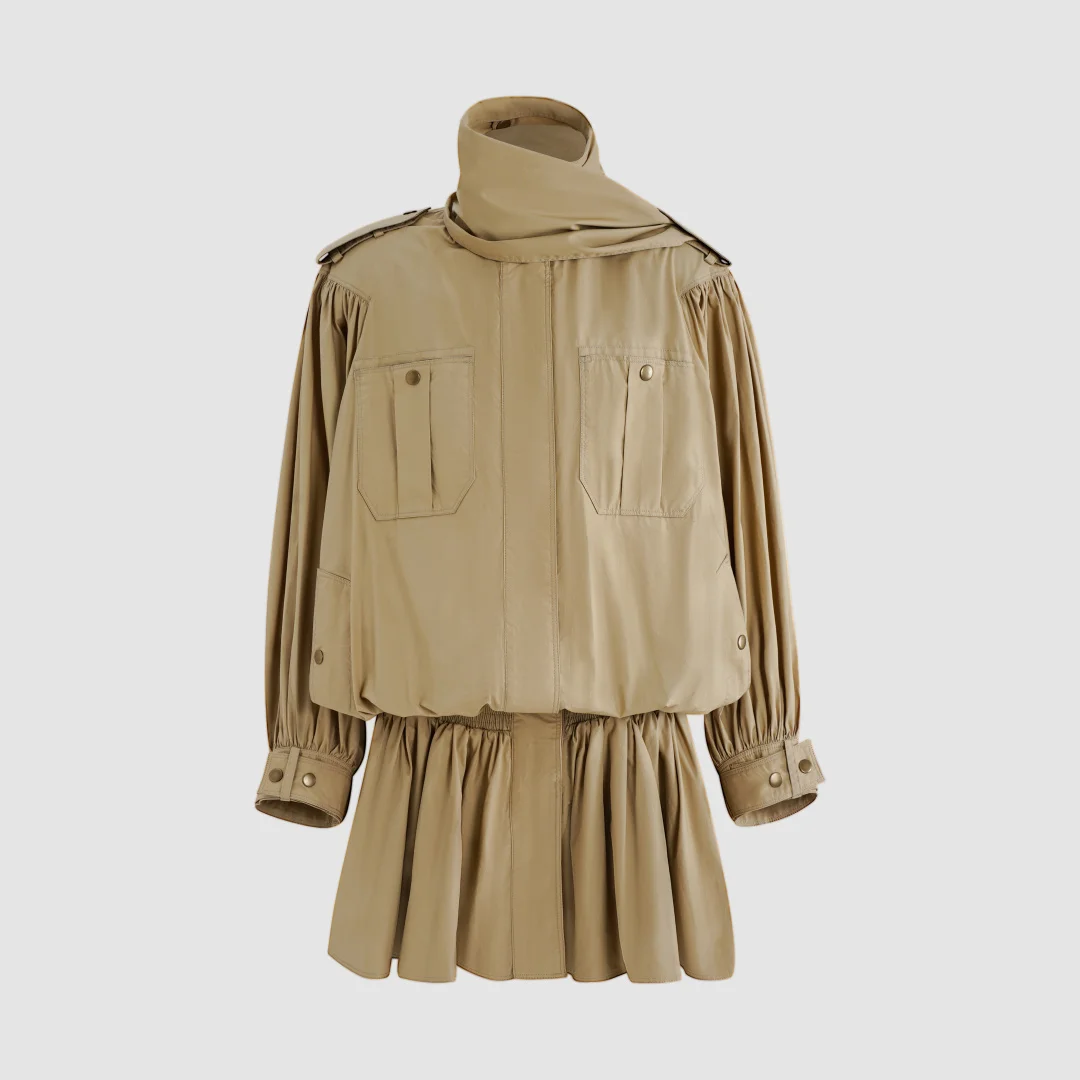 2026 Women's Intricate Design Trench Coat Scarf Collar Gathered Waist Lantern Sleeve Windbreaker Unique Structured Outerwear