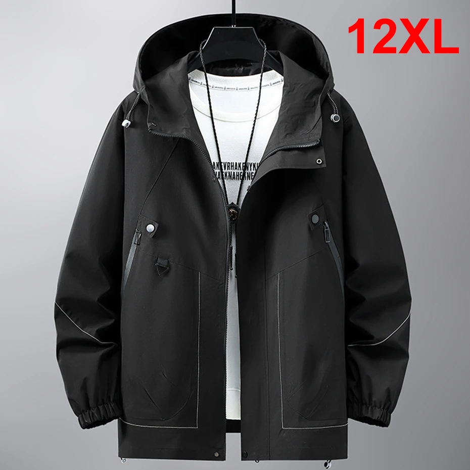 Black Windbreak Cargo Jacket Men Hooded Coat Plus Size 12XL Fashion Casual Solid Color Jackets Big Size 12XL Coats Male