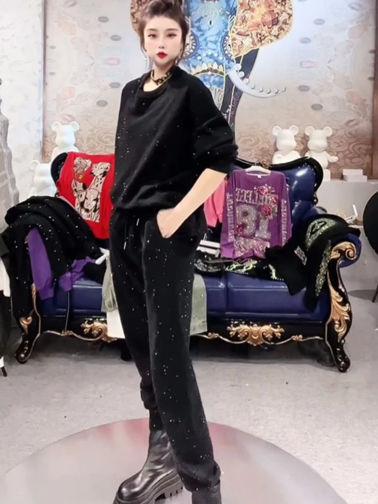 Fashion Rhinestone Black Sports Set 2023 Autumn Loose Crew Neck Pullover Sweatshirt Sweatpants Two Piece Sets Womens Outifits