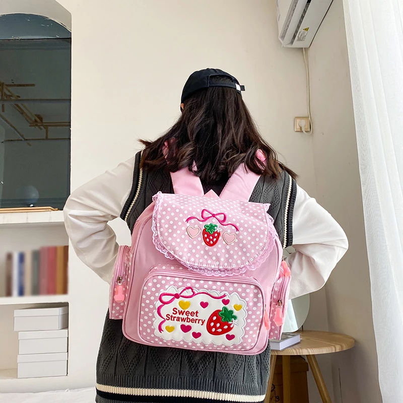 Cute Strawberry Backpack Pink Girl Embroidery Strawberry Children Schoolbag Student Mini Packsack Multi-Pocket Cartoon Book Bags