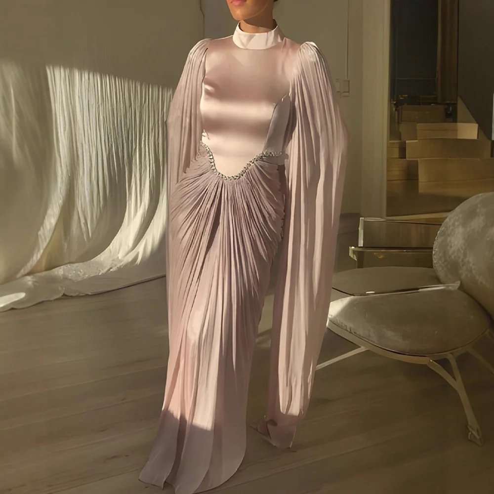 FANAN French Style Diamond Inlaid Long Dress Women's Stand Neck Gathered Waist Evening Dresses Elegant Clothing 2026 Spring New